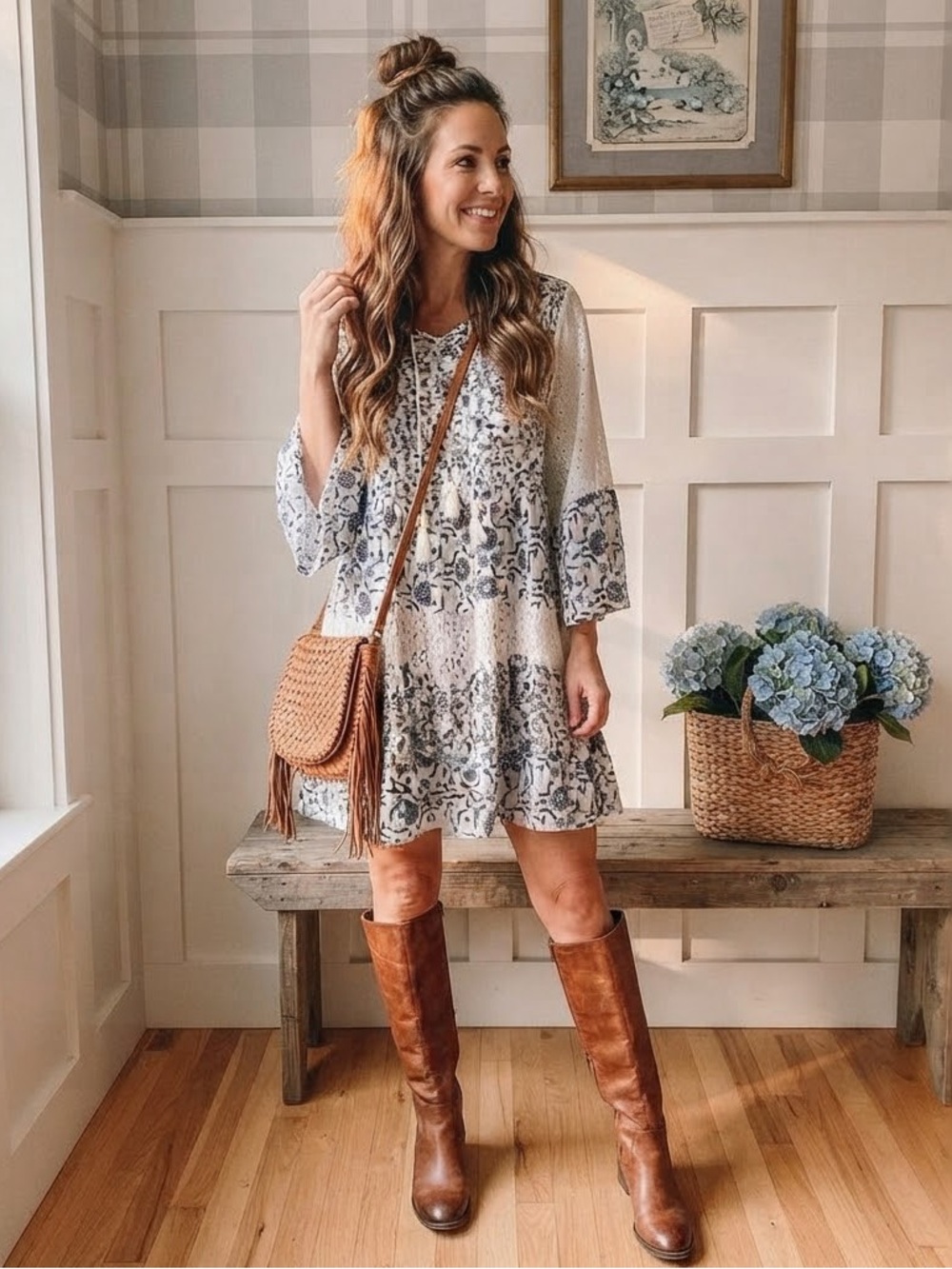 Chic Bohemian Lace Dress in Blue and White Size Small - Picture 1 of 13